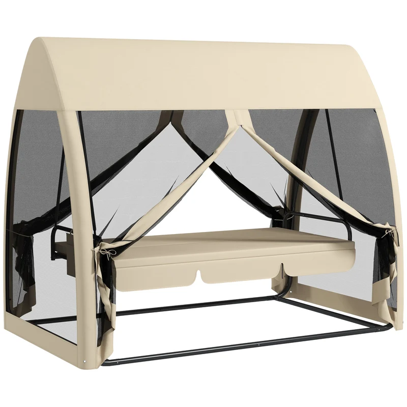 Outsunny Balancín de Jardín de 3 Plazas Convertible en Cama Columpio Jardín Exterior con Mosquitera Estructura de Metal Carga 300 kg 240x140x197 cm Beige