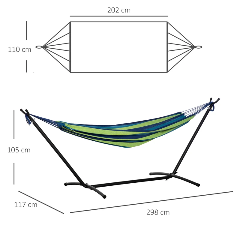 Outsunny Hamaca con Soporte 310x117 cm Hamaca de Camping con Bolsa de Transporte Portátil Altura Ajustable Carga 120 kg para Patio Terraza Rayas Verde y Azul