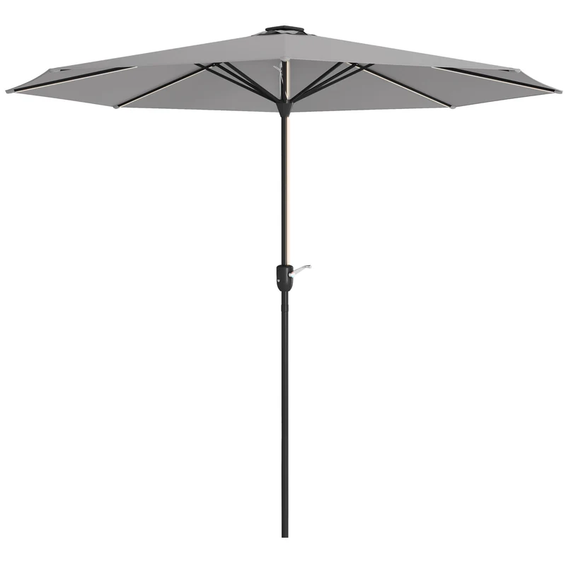 Outsunny Sombrilla de Jardín de Aluminio Ø265x240 cm Parasol de Terraza con Luces LED Solares Manivela e Impermeable para Piscina Patio Gris Claro
