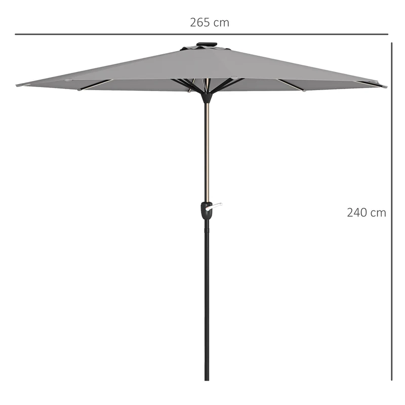 Outsunny Sombrilla de Jardín de Aluminio Ø265x240 cm Parasol de Terraza con Luces LED Solares Manivela e Impermeable para Piscina Patio Gris Claro