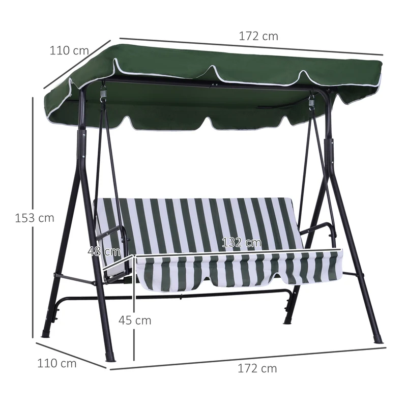Outsunny Columpio de Jardín de 3 Plazas Balancín Exterior con Techo Ajustable y Marco de Acero para Balcón Terraza Patio Carga 200 kg 172x110x153 cm Verde