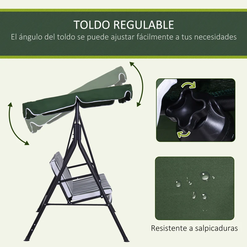 Outsunny Columpio de Jardín de 3 Plazas Balancín Exterior con Techo Ajustable y Marco de Acero para Balcón Terraza Patio Carga 200 kg 172x110x153 cm Verde