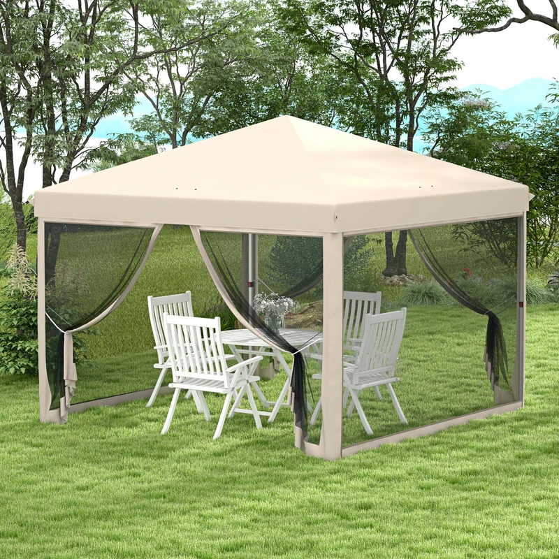 Outsunny Carpa Plegable 3x3 para Exterior Cenador de Jardín Portátil con Mosquiteras Bolsa de Transporte Marco de Acero y Tela Oxford Resistente para Fiestas Camping Beige