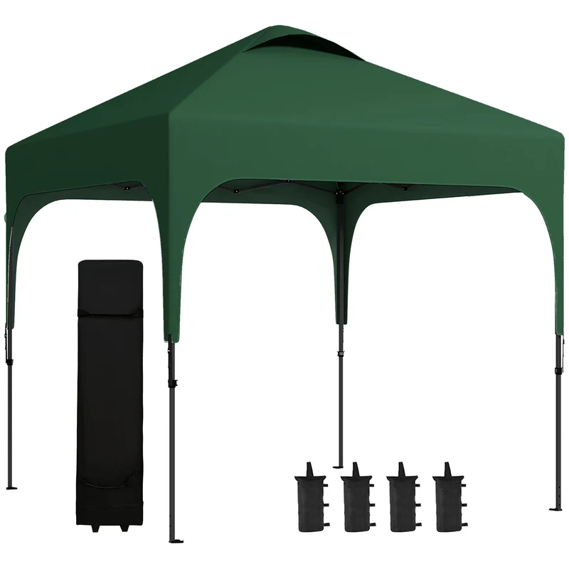 Outsunny Cenador Plegable Pop-UP 2,5x2,5x2,68 m Carpa de Jardín Protección UV 50+ Ajustable en Altura con 4 Bolsas de Arena y Bolsa de Transporte para Camping Fiestas Patio Verde Oscuro