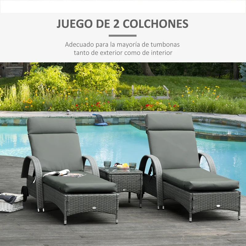 Outsunny Pack 2 Cojines para Tumbona 196x55x8 cm Colchoneta para Tumbona Acolchado Colchón para Silla de Jardín Terraza Balcón Gris