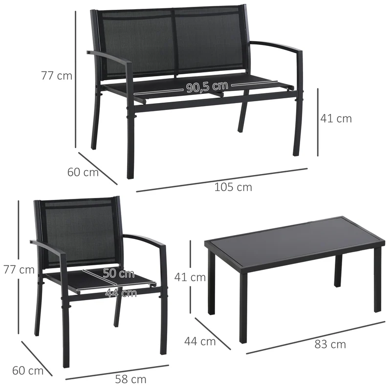 Outsunny Conjunto de Jardín Exterior 4 Piezas Muebles Jardín Exterior con 2 Sillones 1 Sofá de 2 Plazas y Mesa de Centro con Tablero de Vidrio Templado Negro