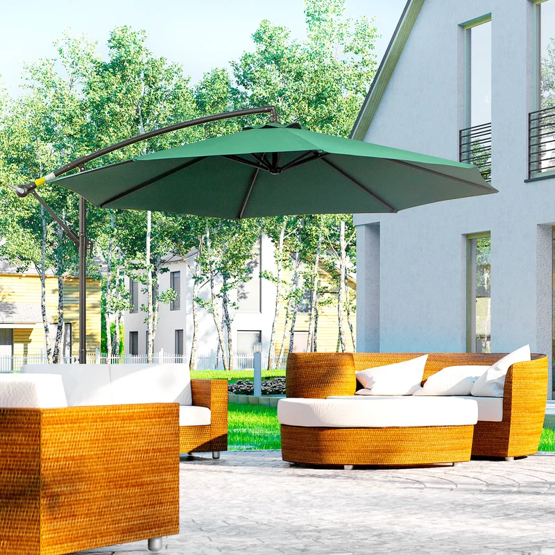 Outsunny Parasol Excéntrico Ø 295 cm Sombrilla de Jardín con Ángulo Ajustable Base Cruzada y Manivela Sombrilla para Terraza Patio Verde