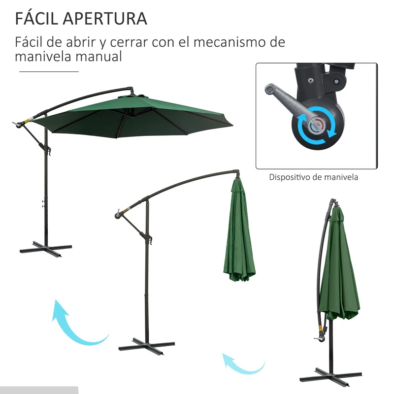 Outsunny Parasol Excéntrico Ø 295 cm Sombrilla de Jardín con Ángulo Ajustable Base Cruzada y Manivela Sombrilla para Terraza Patio Verde