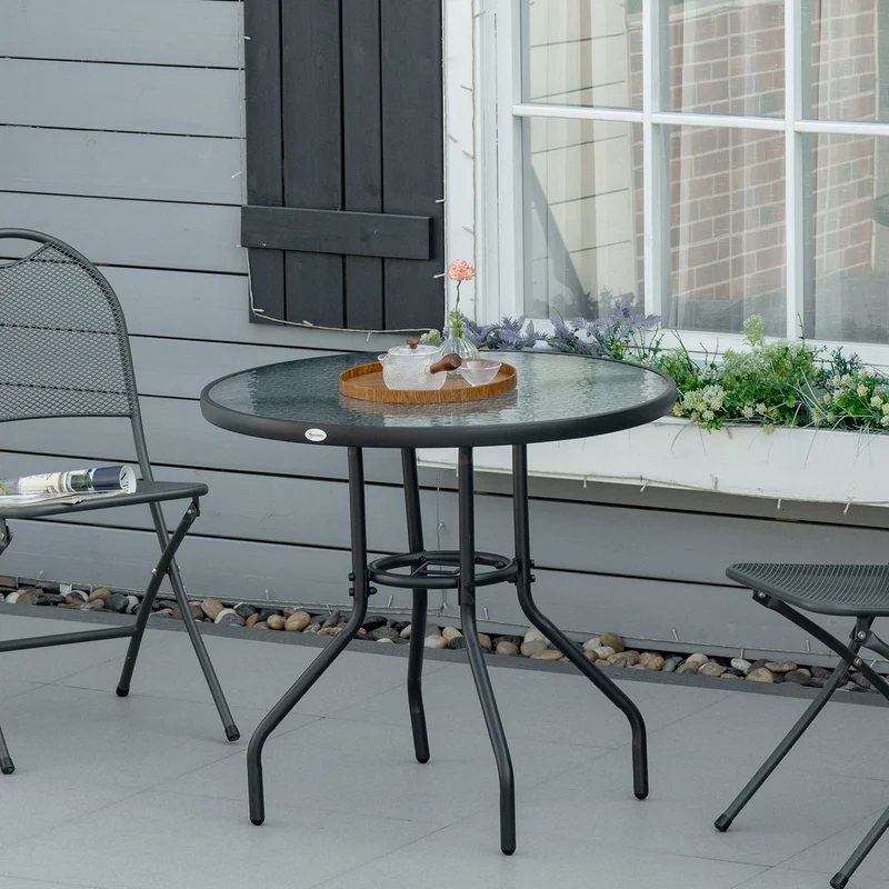 Outsunny Mesa de Jardín Redonda Mesa de Exterior Ø80x72 cm con Agujero para Sombrilla y Encimera de Vidrio Templado para Patio Terraza Negro