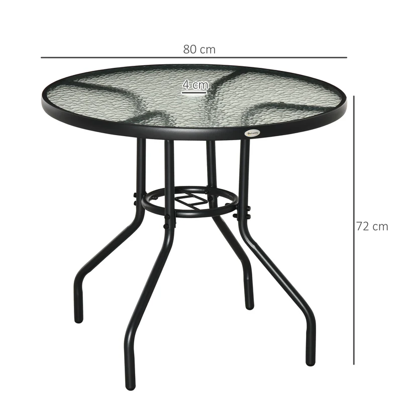 Outsunny Mesa de Jardín Redonda Mesa de Exterior Ø80x72 cm con Agujero para Sombrilla y Encimera de Vidrio Templado para Patio Terraza Negro