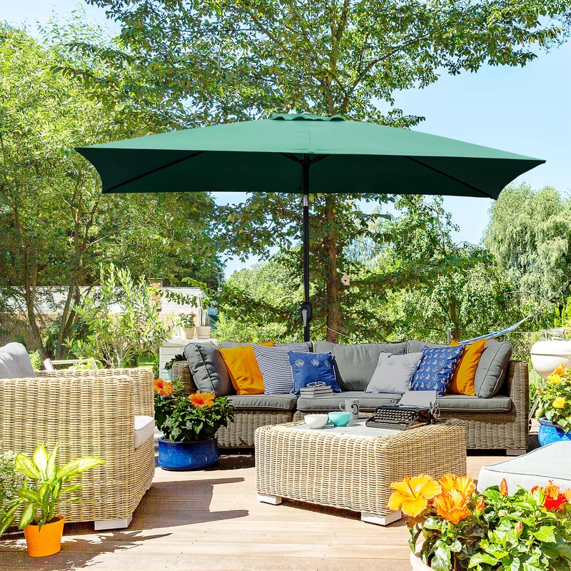 Outsunny Sombrilla de Aluminio 195x295x253 cm Parasol Rectangular de Jardín Inclinable con Manivela y Poste Desmontable para Terraza Piscina Patio Exterior Verde