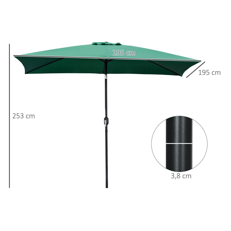 Outsunny Sombrilla de Aluminio 195x295x253 cm Parasol Rectangular de Jardín Inclinable con Manivela y Poste Desmontable para Terraza Piscina Patio Exterior Verde