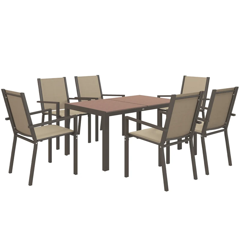 Outsunny Conjunto de Comedor de Exterior de 7 Piezas Conjunto de Mesa y 6 Sillas de Jardín con Sillas Apilables y Marco de Acero para Terraza Patio Caqui y Marrón