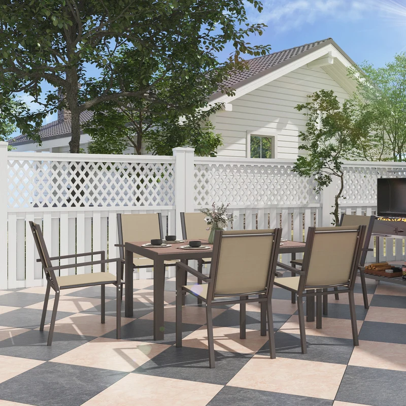 Outsunny Conjunto de Comedor de Exterior de 7 Piezas Conjunto de Mesa y 6 Sillas de Jardín con Sillas Apilables y Marco de Acero para Terraza Patio Caqui y Marrón