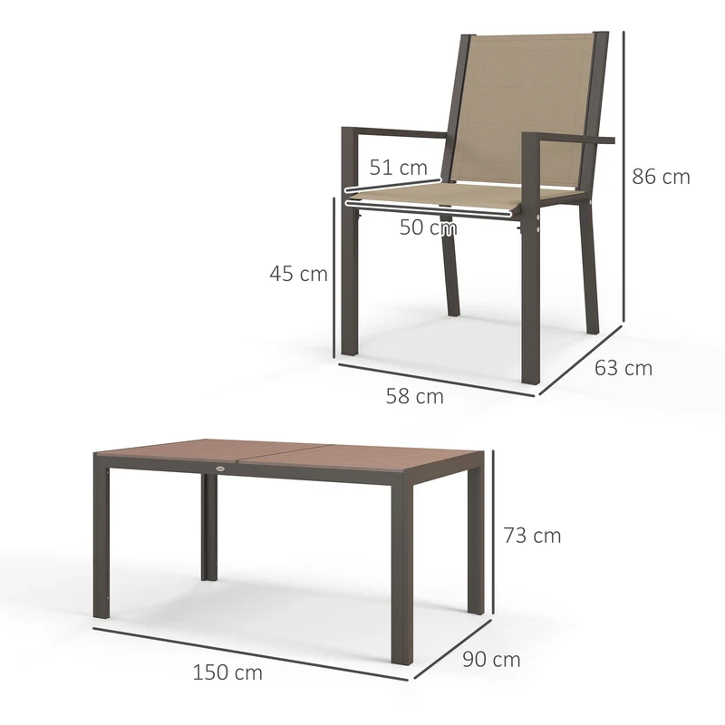 Outsunny Conjunto de Comedor de Exterior de 7 Piezas Conjunto de Mesa y 6 Sillas de Jardín con Sillas Apilables y Marco de Acero para Terraza Patio Caqui y Marrón
