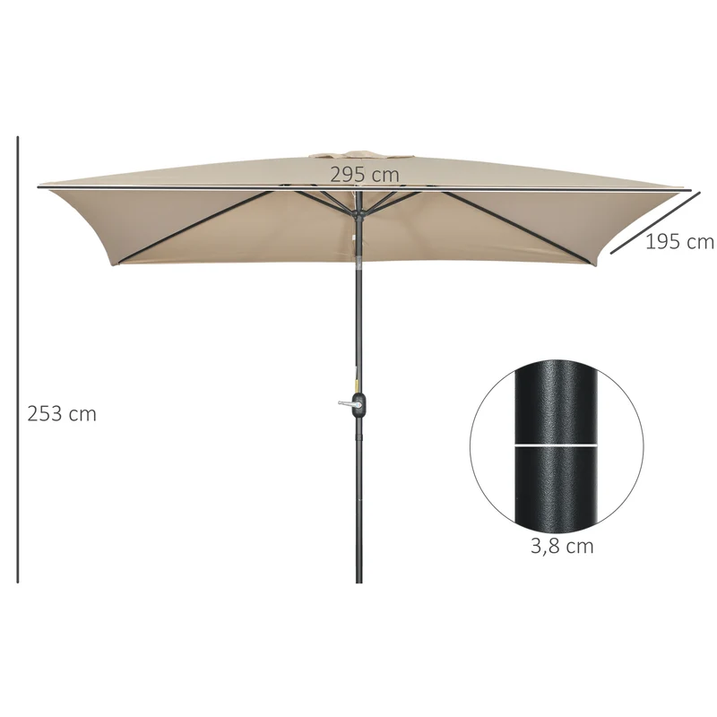 Outsunny Sombrilla de Aluminio 200x300x253 cm Parasol Rectangular de Jardín Inclinable con Manivela y Poste Desmontable para Terraza Piscina Patio Exterior Caqui