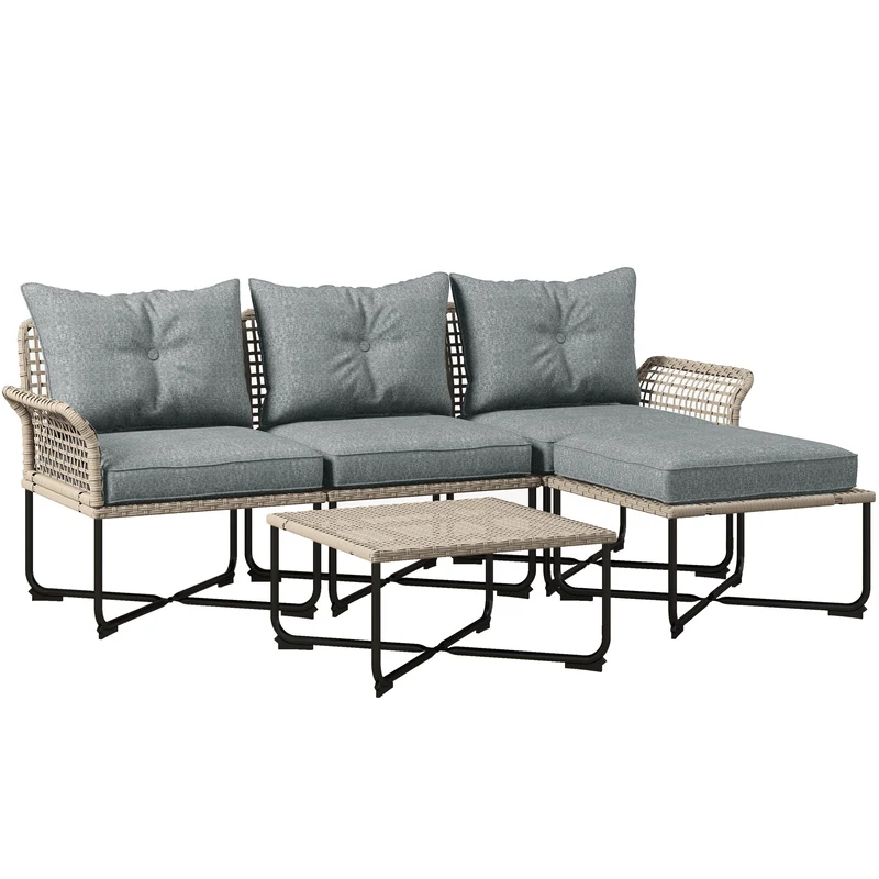 Outsunny Conjunto de Jardín Exterior de Ratán Sintético de 5 Piezas Muebles de Jardín Exterior Incluye 2 Sofás Esquineras 1 Sofá de Exterior 1 Taburete 1 Mesa de Centro con Cojines Gris