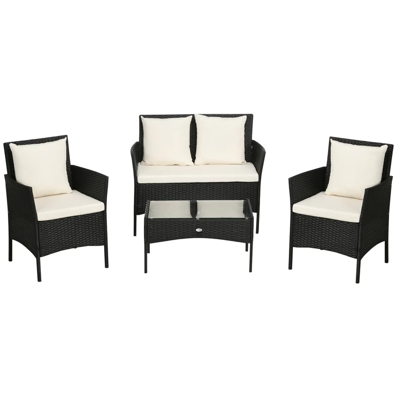 Outsunny Conjunto de Jardín de Ratán Sintético Juego de 4 Piezas Muebles de Jardín con 2 Sillones 1 Sofá de 2 Plazas 1 Mesa de Centro con Tablero de Vidrio y Cojines Negro y Crema