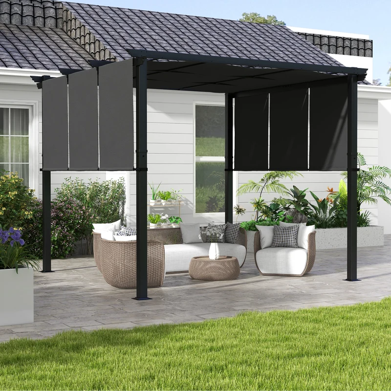 Outsunny Pérgola de Jardín 3x3 m Cenador para Exterior con Techo Retráctil Marco de Acero Impermeable y Anti-UV para Terraza Patio Gris Oscuro