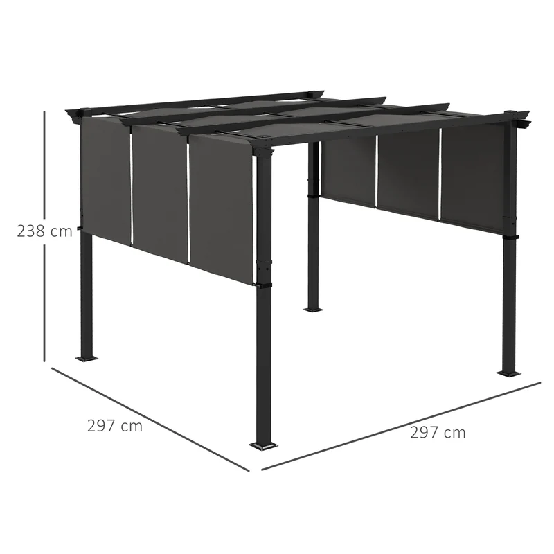 Outsunny Pérgola de Jardín 3x3 m Cenador para Exterior con Techo Retráctil Marco de Acero Impermeable y Anti-UV para Terraza Patio Gris Oscuro