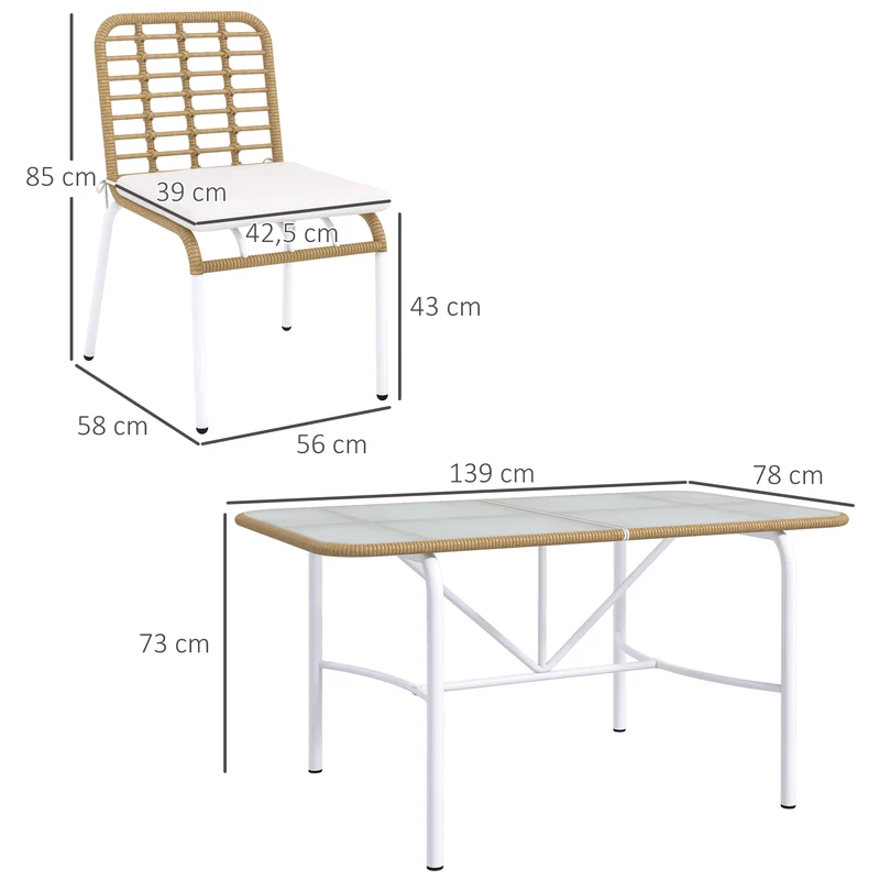 Outsunny Conjunto de Jardín de Ratán Sintético Juego de Muebles de Jardín para Exterior de Ratán de 7 Piezas Incluye 6 Sillas Apilables con Cojines y Mesa de Vidrio Natural