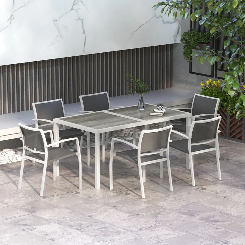 Outsunny Conjunto de Comedor de Exterior Juego de Comedor de Jardín de 7 Piezas con 1 Mesa y 6 Sillas Apilables Estilo Moderno para Terraza Patio Blanco y Gris