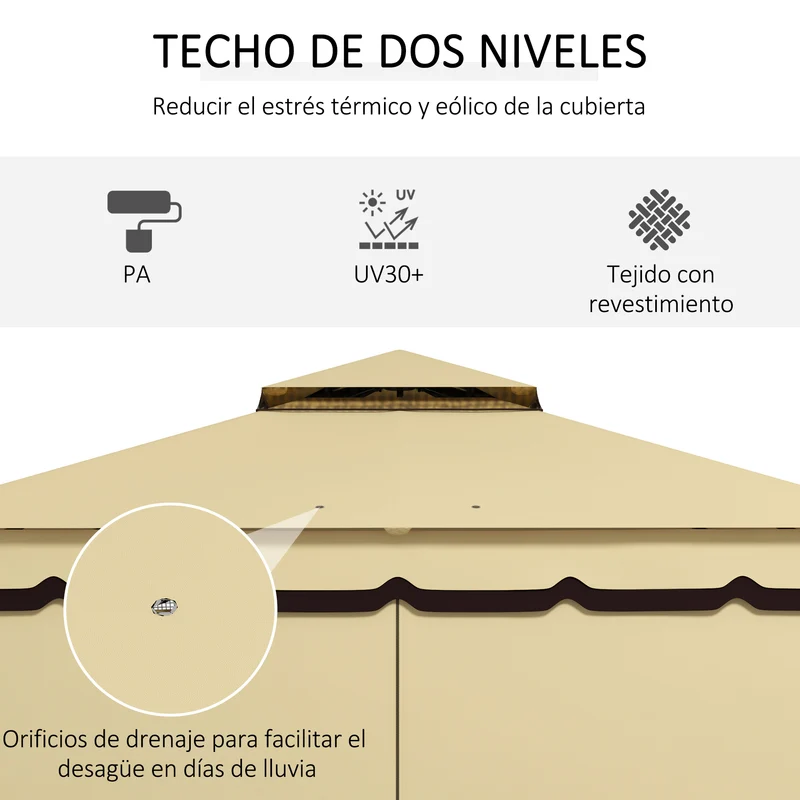 Outsunny Cenador de Jardín 3,7x3 m Gazebo de Exterior con 4 Paredes Laterales 4 Mosquiteras Doble Techo Impermeable y Anti-UV para Terraza Patio Playa Beige