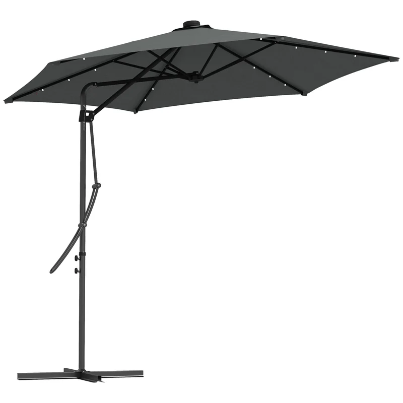Outsunny Sombrilla Voladiza de 3 m con Luces LED Sombrilla de Jardín con Manivela y Base Cruzada Parasol Excéntrico para Exterior Patio Terraza Gris Oscuro