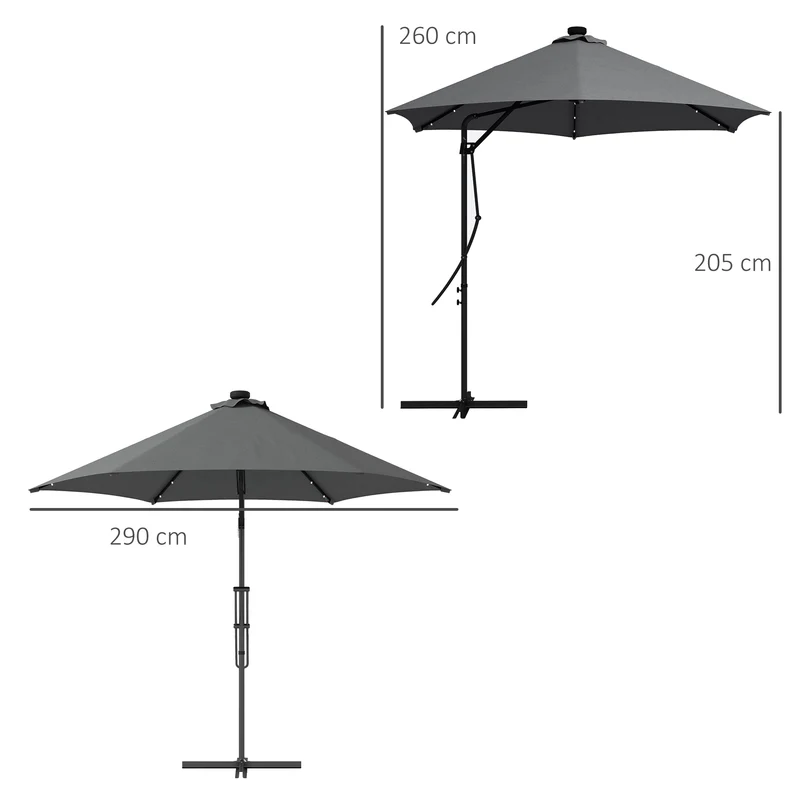 Outsunny Sombrilla Voladiza de 3 m con Luces LED Sombrilla de Jardín con Manivela y Base Cruzada Parasol Excéntrico para Exterior Patio Terraza Gris Oscuro