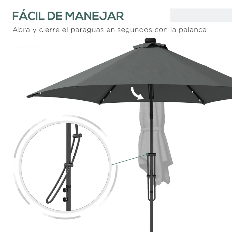 Outsunny Sombrilla Voladiza de 3 m con Luces LED Sombrilla de Jardín con Manivela y Base Cruzada Parasol Excéntrico para Exterior Patio Terraza Gris Oscuro