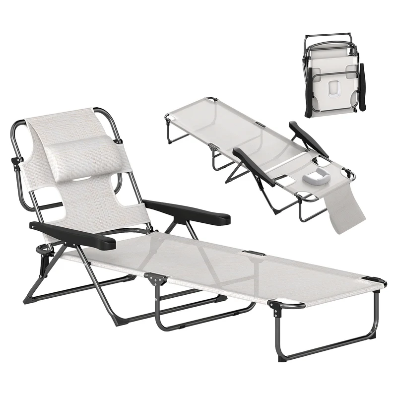 Outsunny Tumbona Plegable Tumbona de Jardín con Respaldo Ajustable en 4 Niveles Orificio de Lectura y Reposacabezas para Terraza Piscina 194x72x31 cm Crema