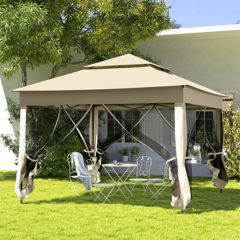 Outsunny Carpa Plegable Gazebo 3,3x3,3 m Cenador Plegable con 4 Paredes Laterales de Malla Anti-UV y Bolsa de Transporte para Camping Fiestas Crema