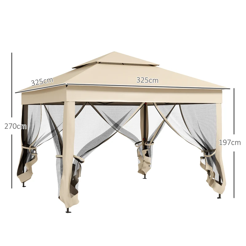 Outsunny Carpa Plegable Gazebo 3,3x3,3 m Cenador Plegable con 4 Paredes Laterales de Malla Anti-UV y Bolsa de Transporte para Camping Fiestas Crema