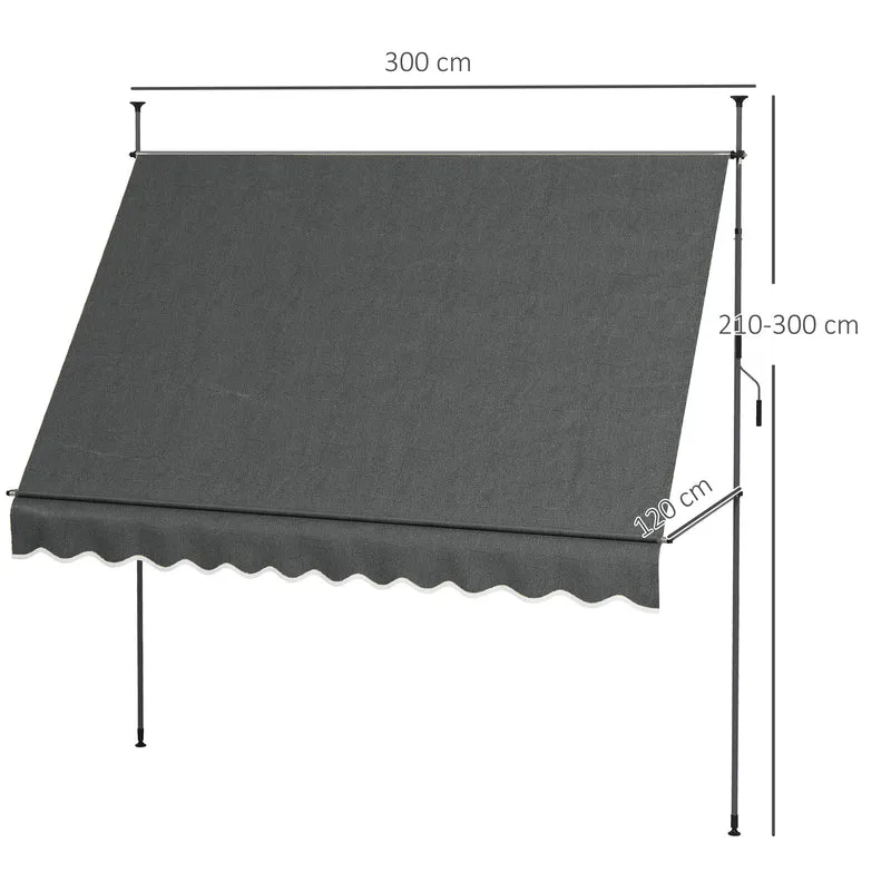 Outsunny Toldo Manual Retráctil 3x1,2 m Toldo Exterior Terraza Enrollable Altura Ajustable con Manivela 210-300 cm Sin Taladro Protección UV30+ para Balcón Jardín Gris Oscuro