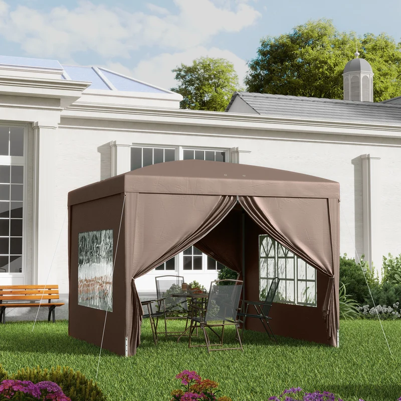 Outsunny Carpa Plegable Pop-up 3x3 M Con 4 Paredes Laterales Anti-uv Café