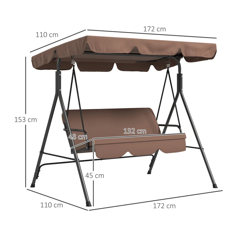 Outsunny Columpio De Jardín De 3 Plazas Con Techo Ajustable 172x110x153cm Marrón