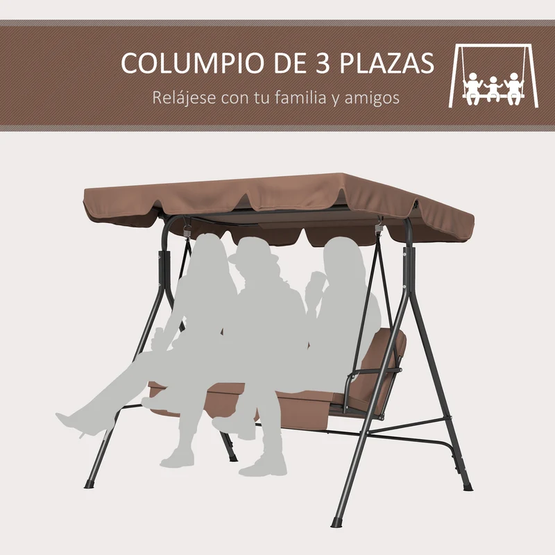 Outsunny Columpio De Jardín De 3 Plazas Con Techo Ajustable 172x110x153cm Marrón