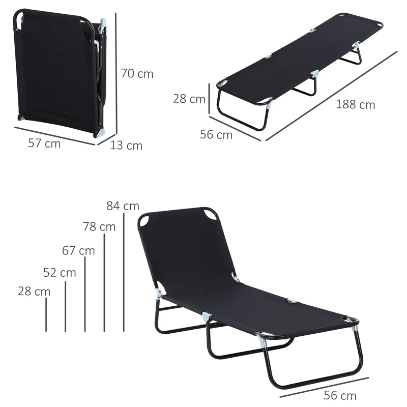 Outsunny Tumbona Plegable Reclinable Ajustable De 5 Posiciones 188x56x28cm Negro