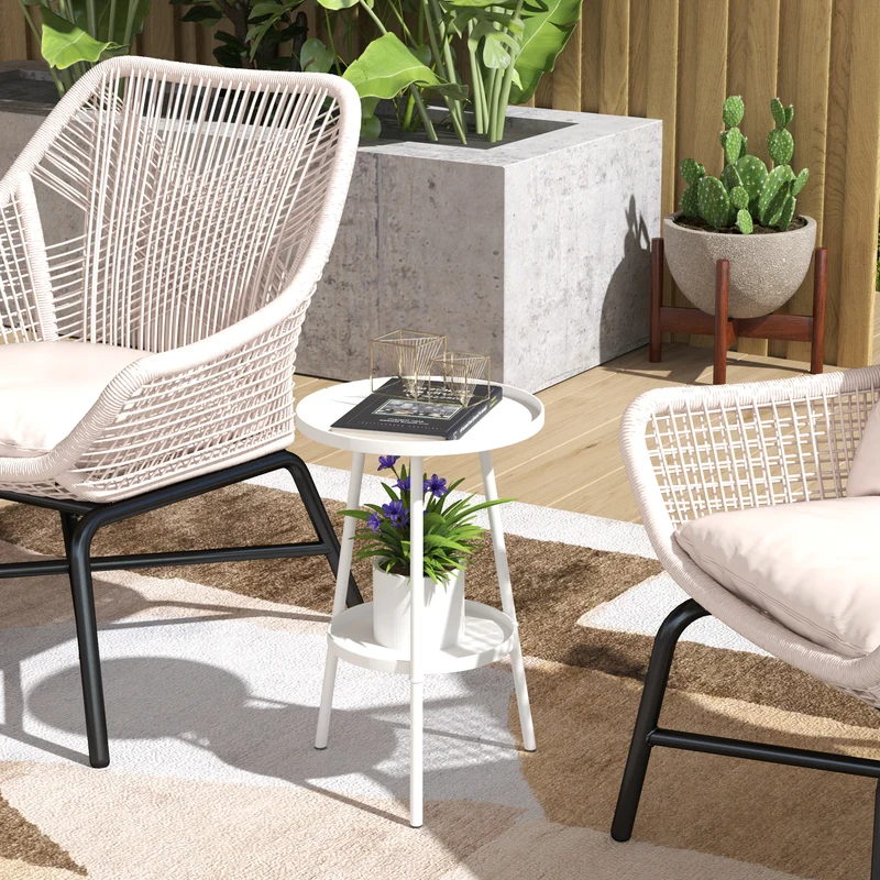 Outsunny Mesa De Jardín Redonda De 2 Niveles Con Bandeja Inferior Blanco