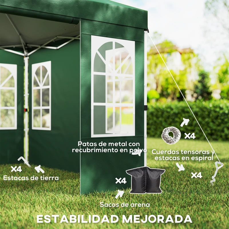 Outsunny Carpa Plegable 3x3m Pop-up Altura Ajustable Laterales Extraíbles Verde