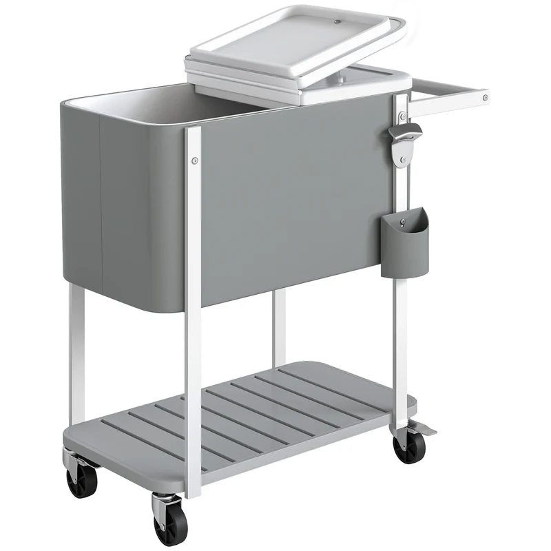 Outsunny Carrito Nevera De 56l Con Ruedas Estante Abrebotellas Gris