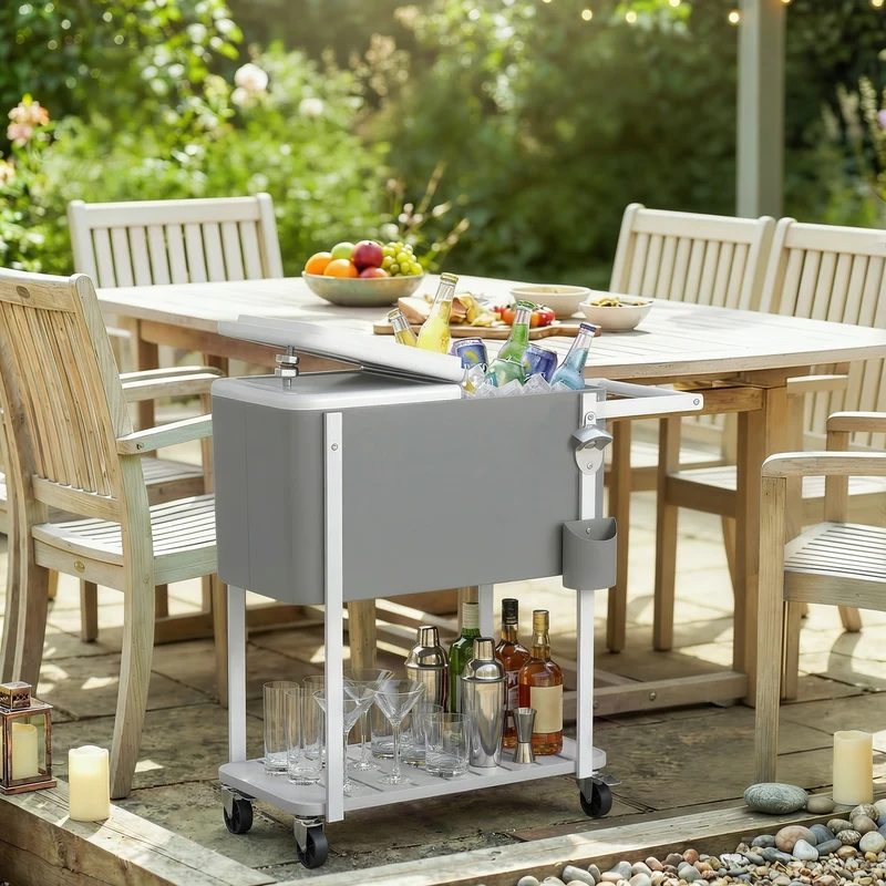 Outsunny Carrito Nevera De 56l Con Ruedas Estante Abrebotellas Gris