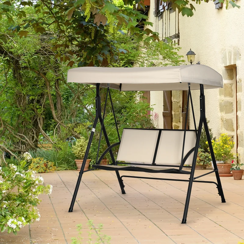 Outsunny Columpio De Jardín De 2 Plazas Techo Ajustable Asientos Textilene Beige