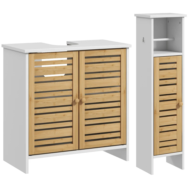 Homcom Conjunto De 1 Mueble Bajo Lavabo Y 1 Columna De Baño Blanco Y Natural
