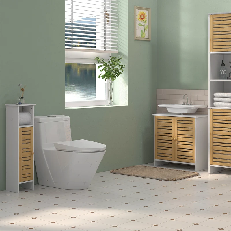 Homcom Conjunto De 1 Mueble Bajo Lavabo Y 1 Columna De Baño Blanco Y Natural