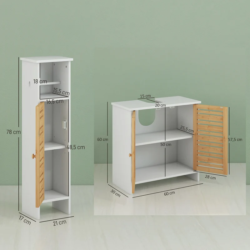 Homcom Conjunto De 1 Mueble Bajo Lavabo Y 1 Columna De Baño Blanco Y Natural