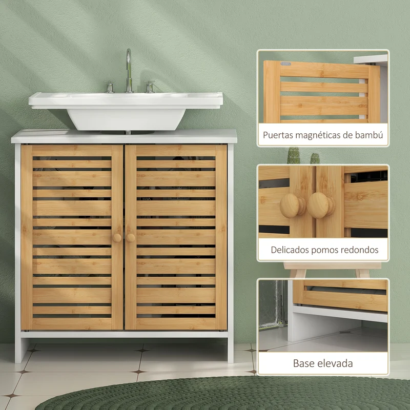 Homcom Conjunto De 1 Mueble Bajo Lavabo Y 1 Columna De Baño Blanco Y Natural