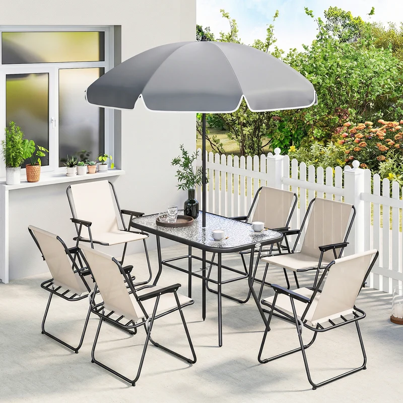 Outsunny Conjunto De Mesa Y Sillas Jardín De 8 Piezas Crema