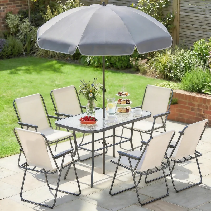 Outsunny Conjunto De Mesa Y Sillas Jardín De 8 Piezas Crema