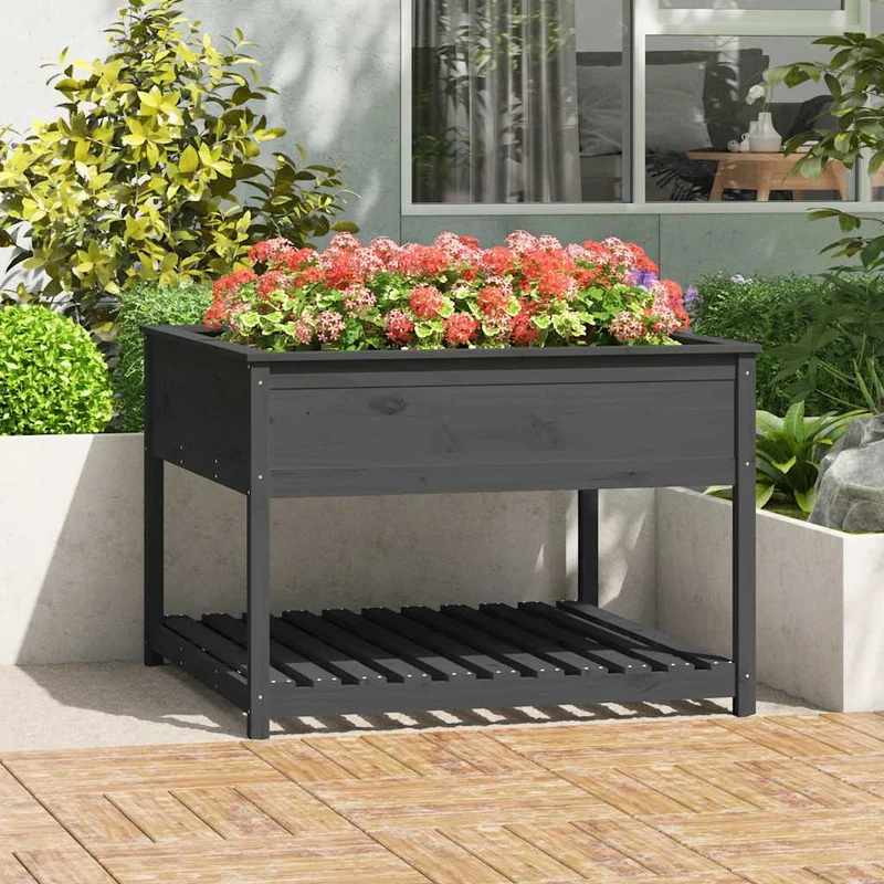Jardinera Con Estante Madera Maciza Pino Gris 111,5x111,5x81 Cm